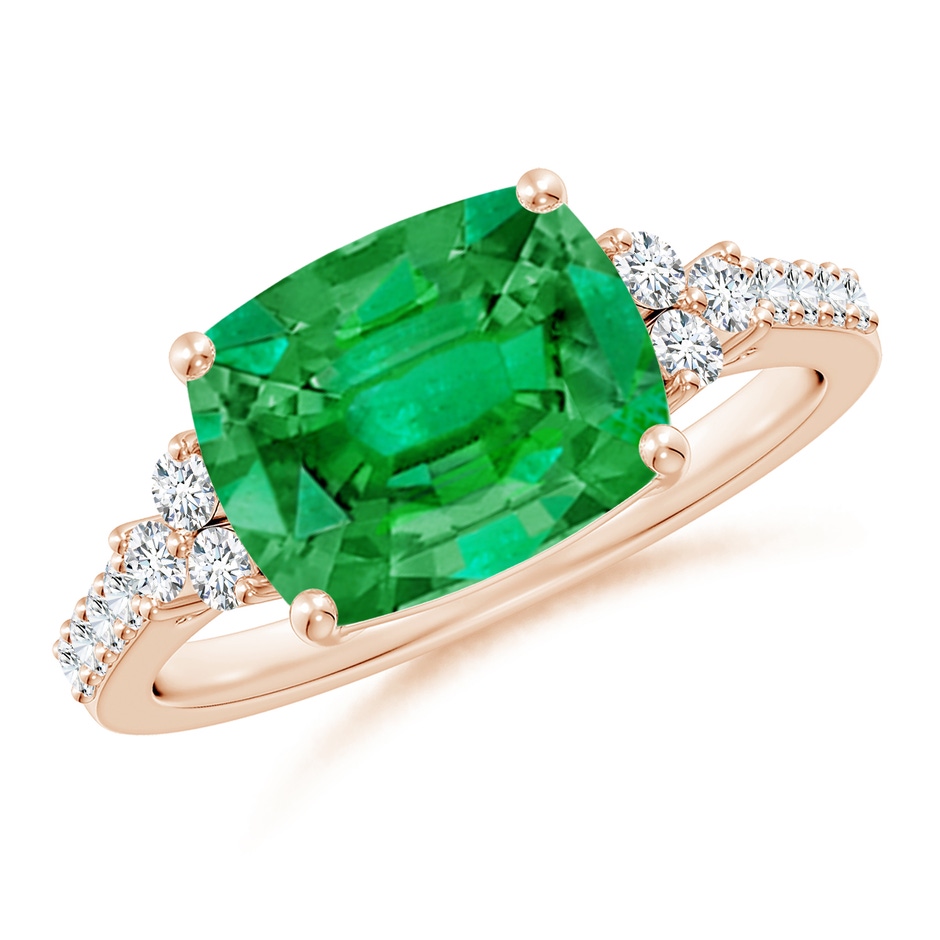 10x8mm AAA East-West Cushion Rectangular Emerald Side Stone Engagement Ring in Rose Gold 