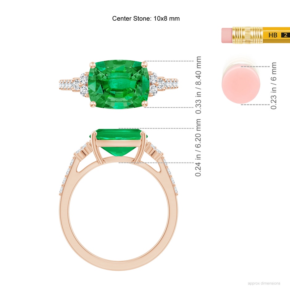 10x8mm AAA East-West Cushion Rectangular Emerald Side Stone Engagement Ring in Rose Gold ruler