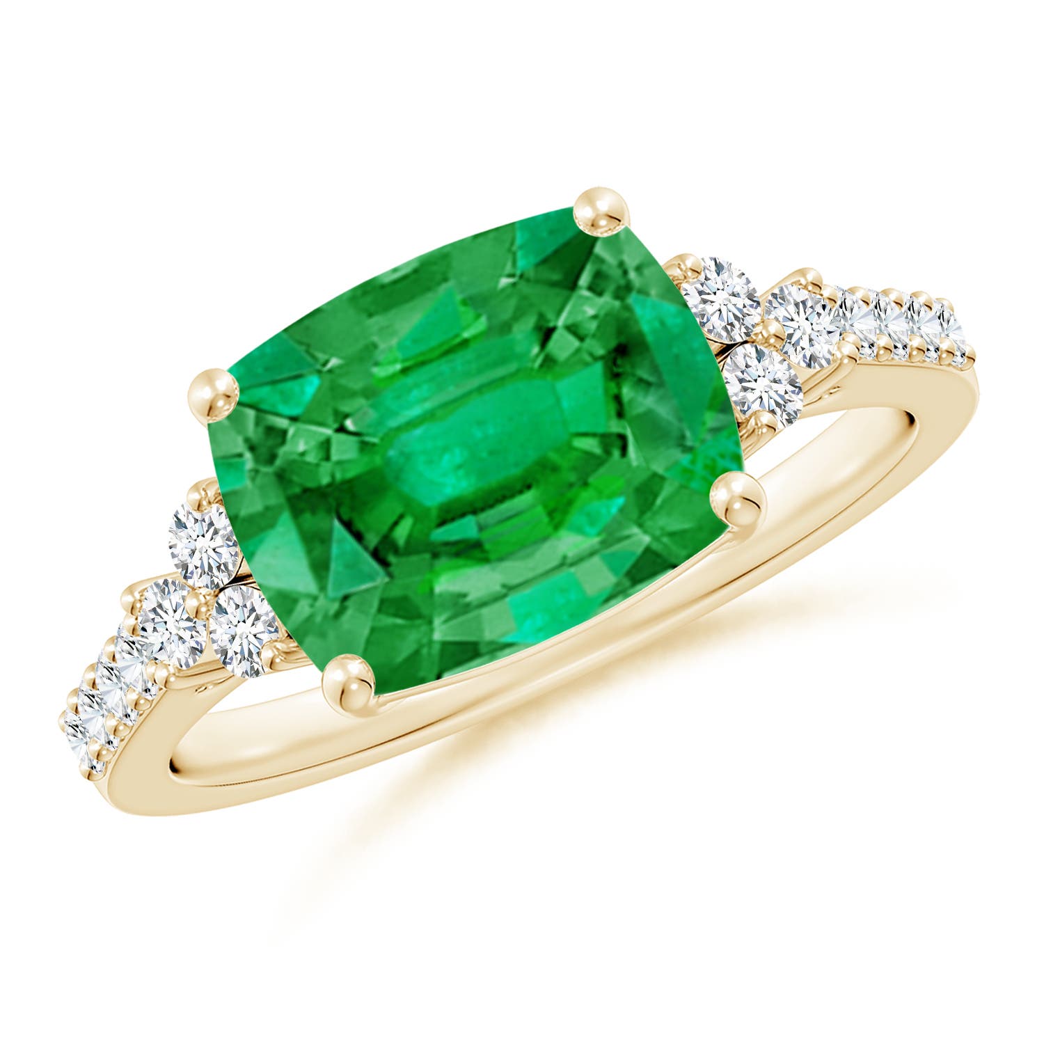 10x8mm AAA East-West Cushion Rectangular Emerald Side Stone Engagement Ring in Yellow Gold