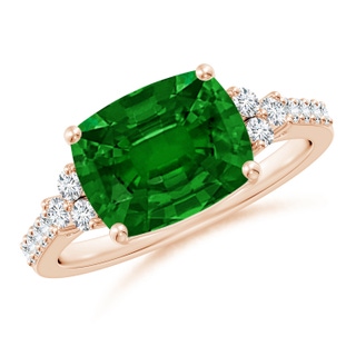 10x8mm AAAA East-West Cushion Rectangular Emerald Side Stone Engagement Ring in Rose Gold