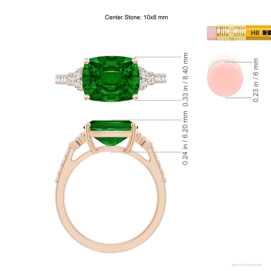 10x8mm AAAA East-West Cushion Rectangular Emerald Side Stone Engagement Ring in Rose Gold ruler