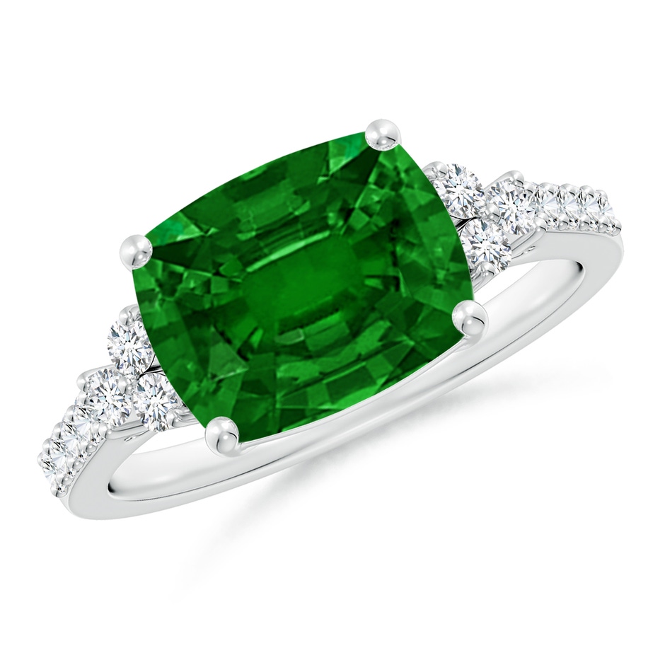 10x8mm AAAA East-West Cushion Rectangular Emerald Side Stone Engagement Ring in White Gold 