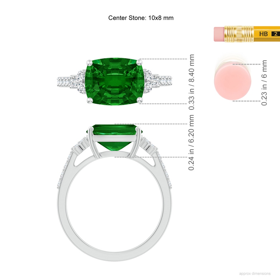 10x8mm AAAA East-West Cushion Rectangular Emerald Side Stone Engagement Ring in White Gold ruler