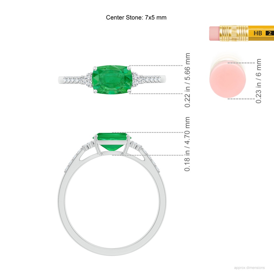 7x5mm AA East-West Cushion Rectangular Emerald Side Stone Engagement Ring in White Gold ruler