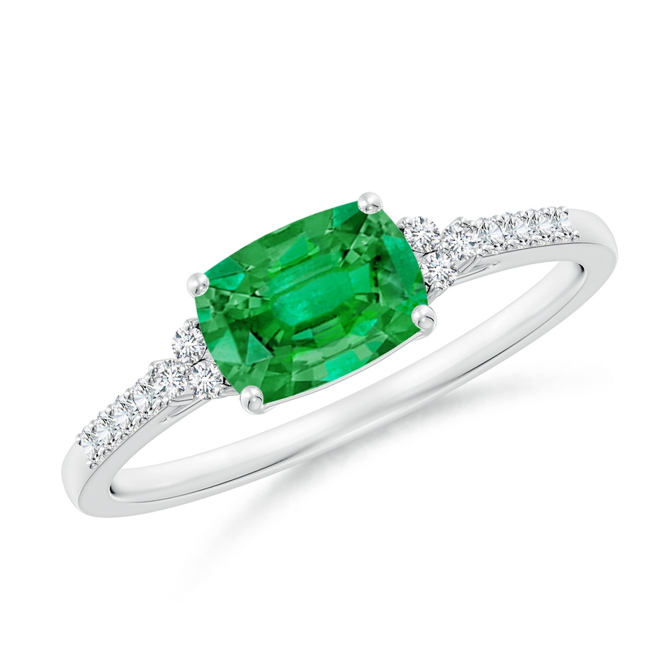 7x5mm AAA East-West Cushion Rectangular Emerald Side Stone Engagement Ring in White Gold 