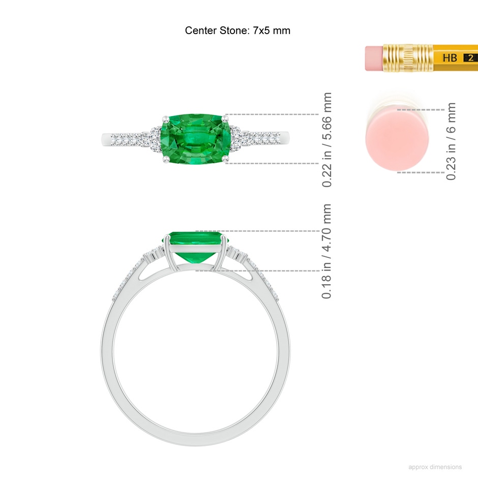 7x5mm AAA East-West Cushion Rectangular Emerald Side Stone Engagement Ring in White Gold ruler