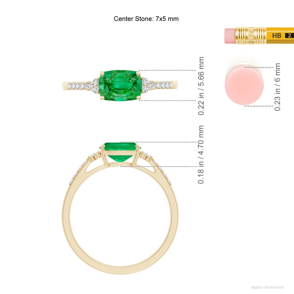 7x5mm AAA East-West Cushion Rectangular Emerald Side Stone Engagement Ring in Yellow Gold ruler