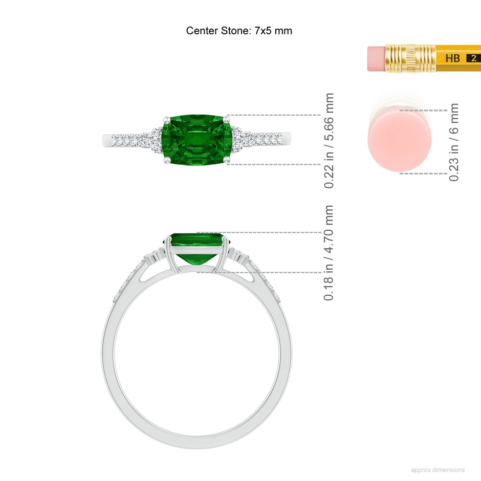 7x5mm AAAA East-West Cushion Rectangular Emerald Side Stone Engagement Ring in White Gold ruler