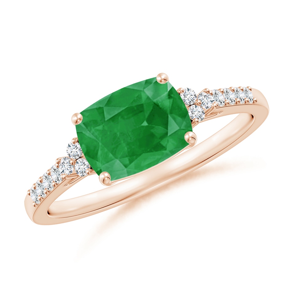 8x6mm A East-West Cushion Rectangular Emerald Side Stone Engagement Ring in Rose Gold 