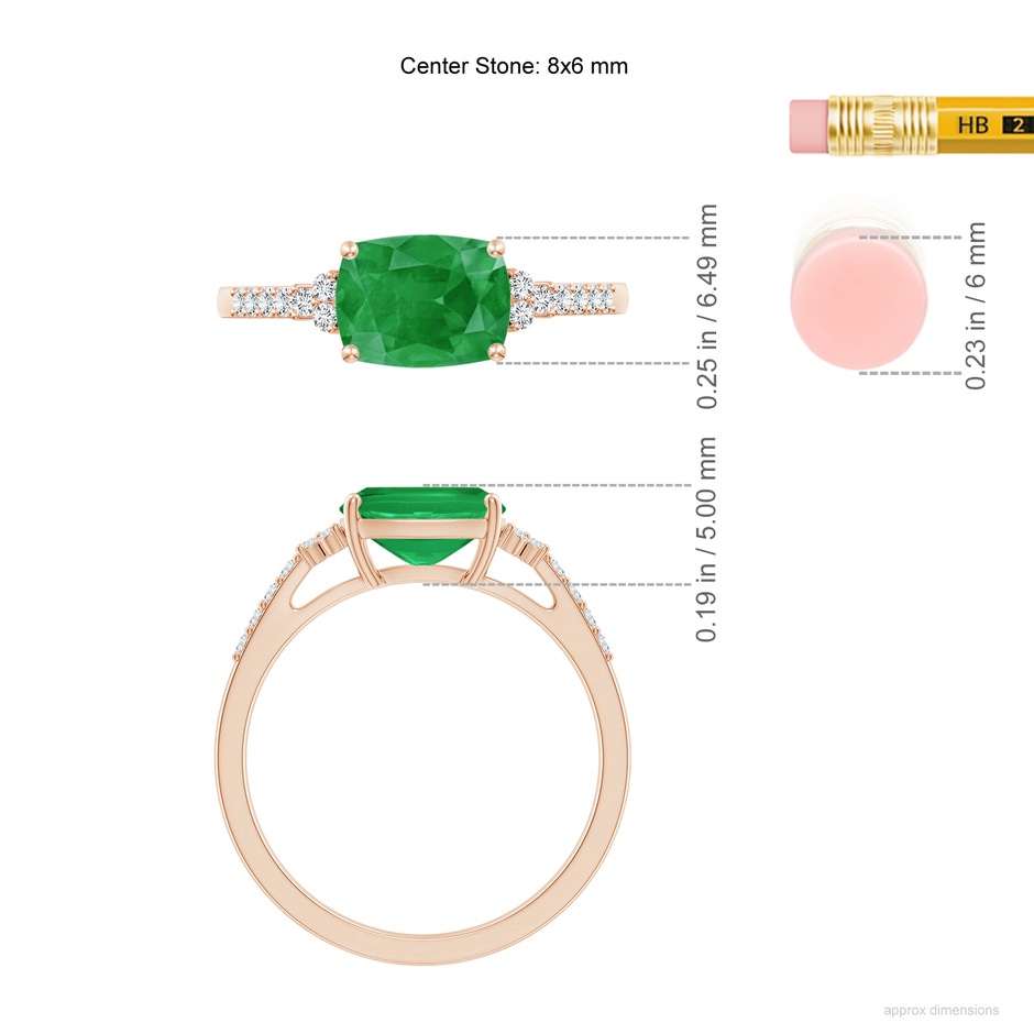 8x6mm A East-West Cushion Rectangular Emerald Side Stone Engagement Ring in Rose Gold ruler