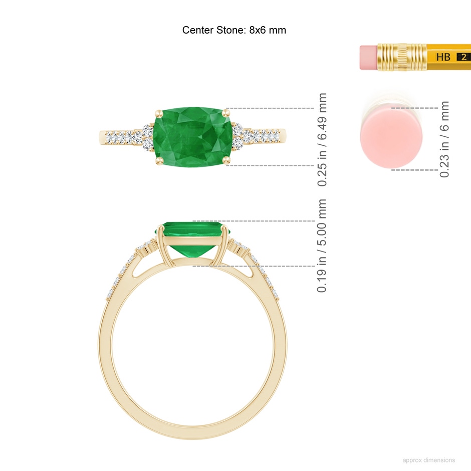 8x6mm A East-West Cushion Rectangular Emerald Side Stone Engagement Ring in Yellow Gold ruler