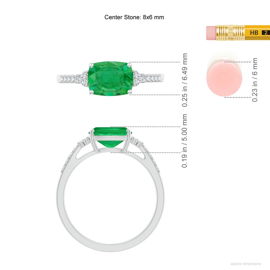 8x6mm AA East-West Cushion Rectangular Emerald Side Stone Engagement Ring in White Gold ruler