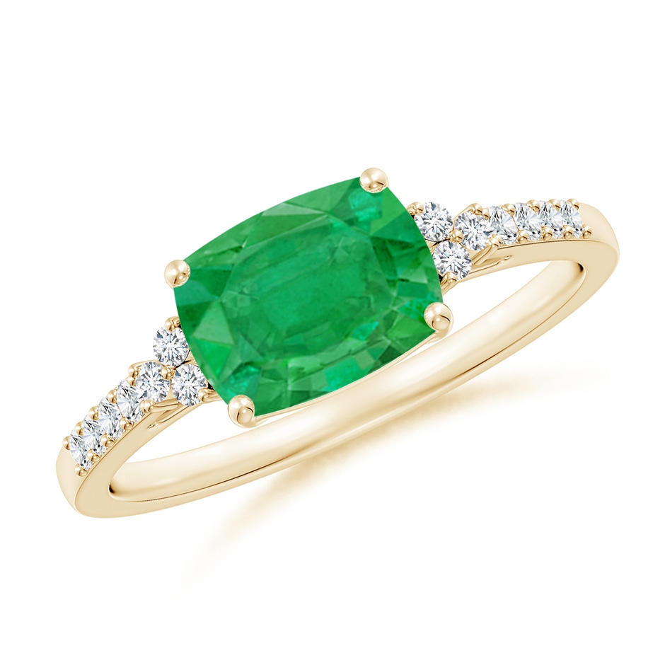 8x6mm AA East-West Cushion Rectangular Emerald Side Stone Engagement Ring in Yellow Gold 