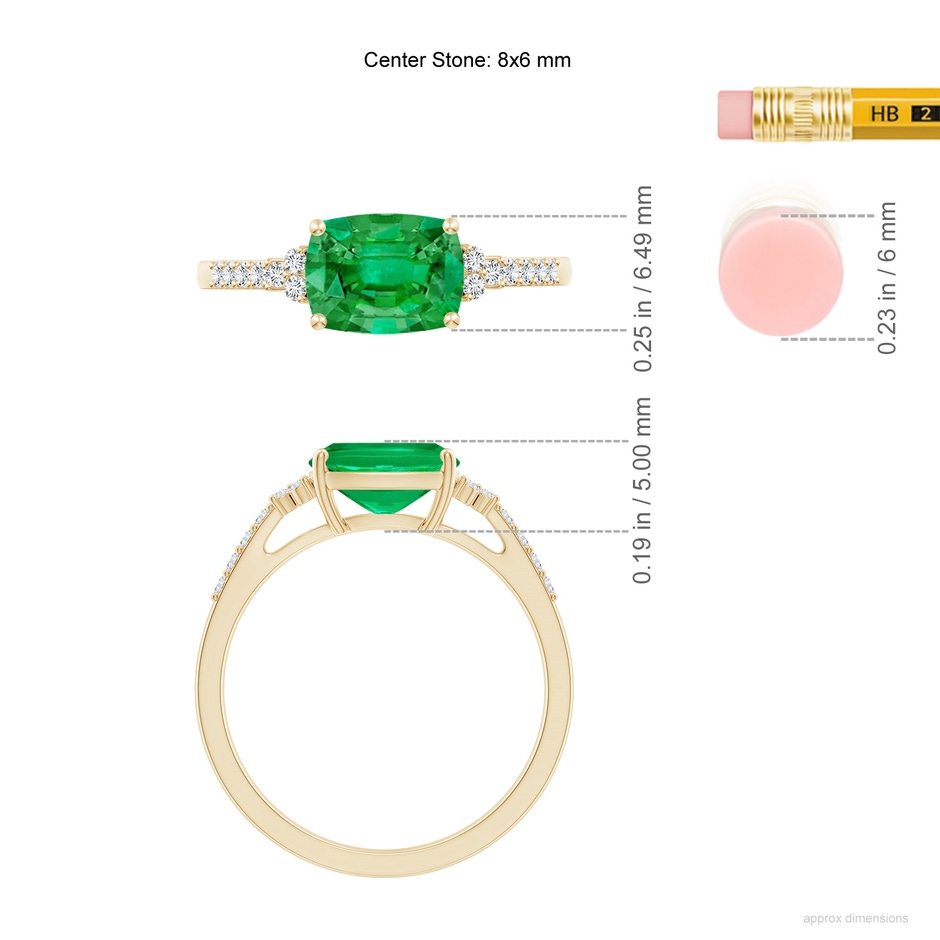 8x6mm AAA East-West Cushion Rectangular Emerald Side Stone Engagement Ring in Yellow Gold ruler