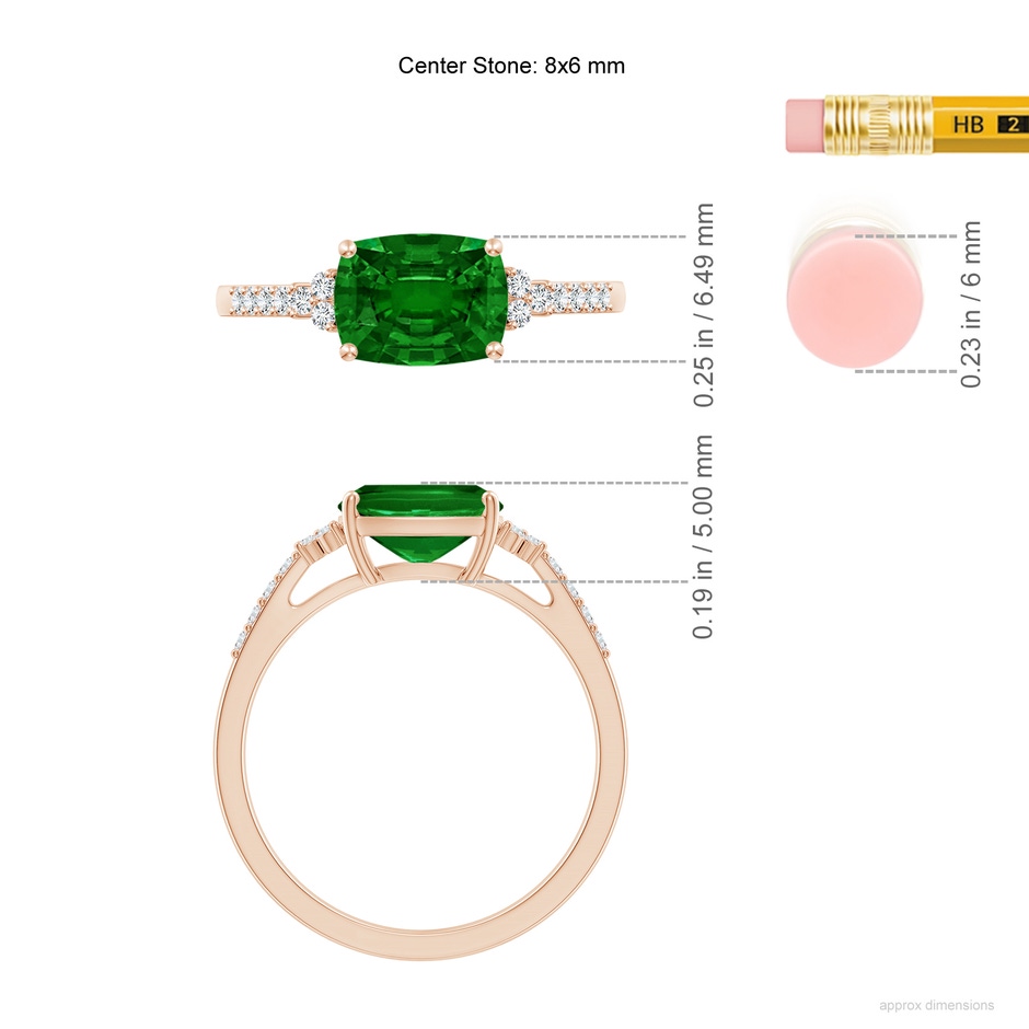 8x6mm AAAA East-West Cushion Rectangular Emerald Side Stone Engagement Ring in Rose Gold ruler