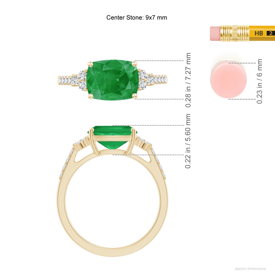 9x7mm A East-West Cushion Rectangular Emerald Side Stone Engagement Ring in Yellow Gold ruler