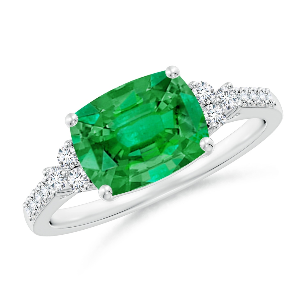 9x7mm AAA East-West Cushion Rectangular Emerald Side Stone Engagement Ring in White Gold