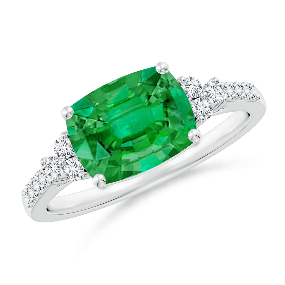 9x7mm AAA East-West Cushion Rectangular Emerald Side Stone Engagement Ring in White Gold 