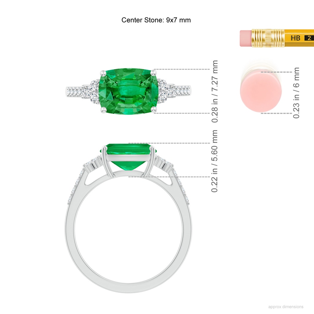 9x7mm AAA East-West Cushion Rectangular Emerald Side Stone Engagement Ring in White Gold ruler