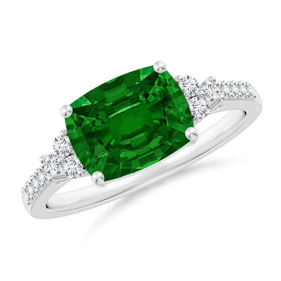 9x7mm AAAA East-West Cushion Rectangular Emerald Side Stone Engagement Ring in P950 Platinum 