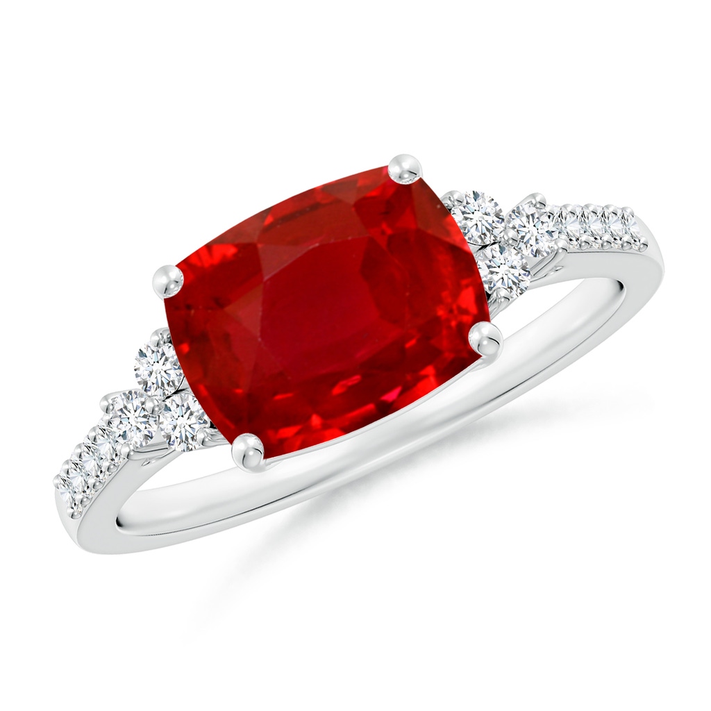 9x7mm AAA East-West Cushion Rectangular Ruby Side Stone Engagement Ring in White Gold