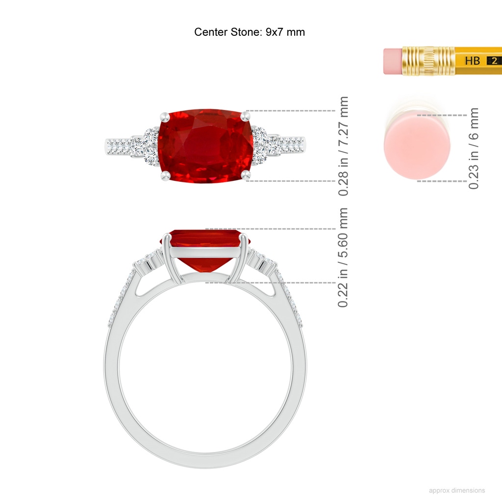 9x7mm AAA East-West Cushion Rectangular Ruby Side Stone Engagement Ring in White Gold ruler