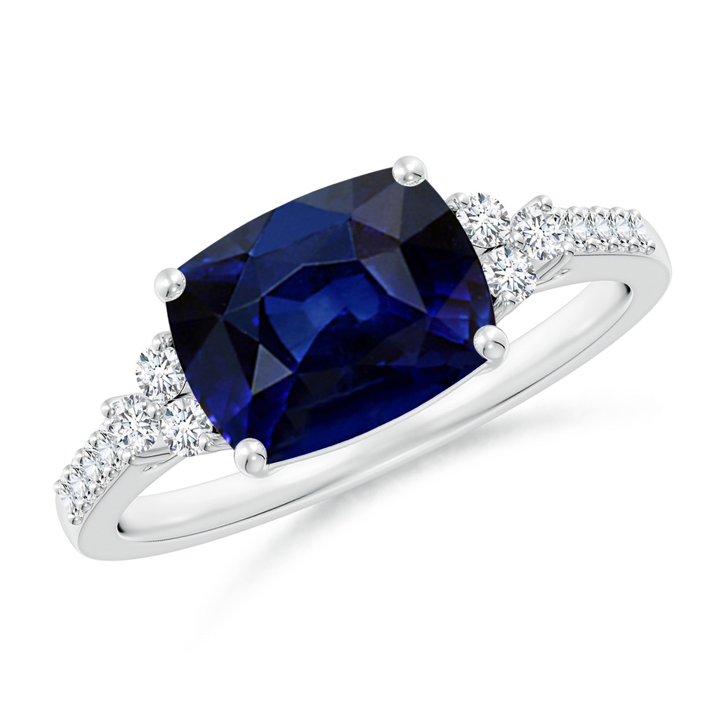 9x7mm AAA East-West Cushion Rectangular Blue Sapphire Side Stone Engagement Ring in White Gold