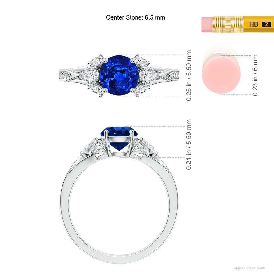 6.5mm Lab-Grown Round Blue Sapphire Engagement Ring with Pear Diamonds in P950 Platinum ruler
