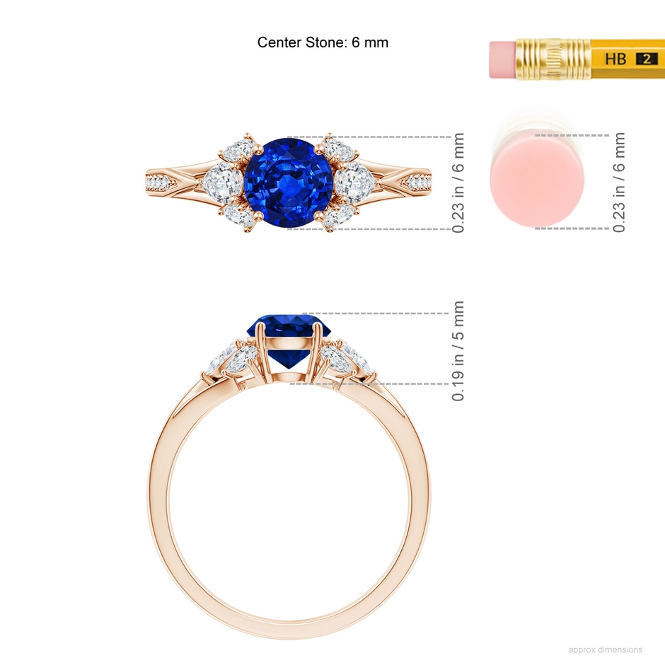 6mm Lab-Grown Round Blue Sapphire Engagement Ring with Pear Diamonds in 18K Rose Gold ruler