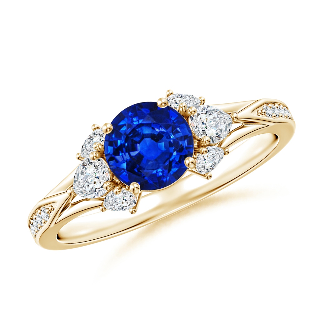 6mm Lab-Grown Round Blue Sapphire Engagement Ring with Pear Diamonds in 18K Yellow Gold