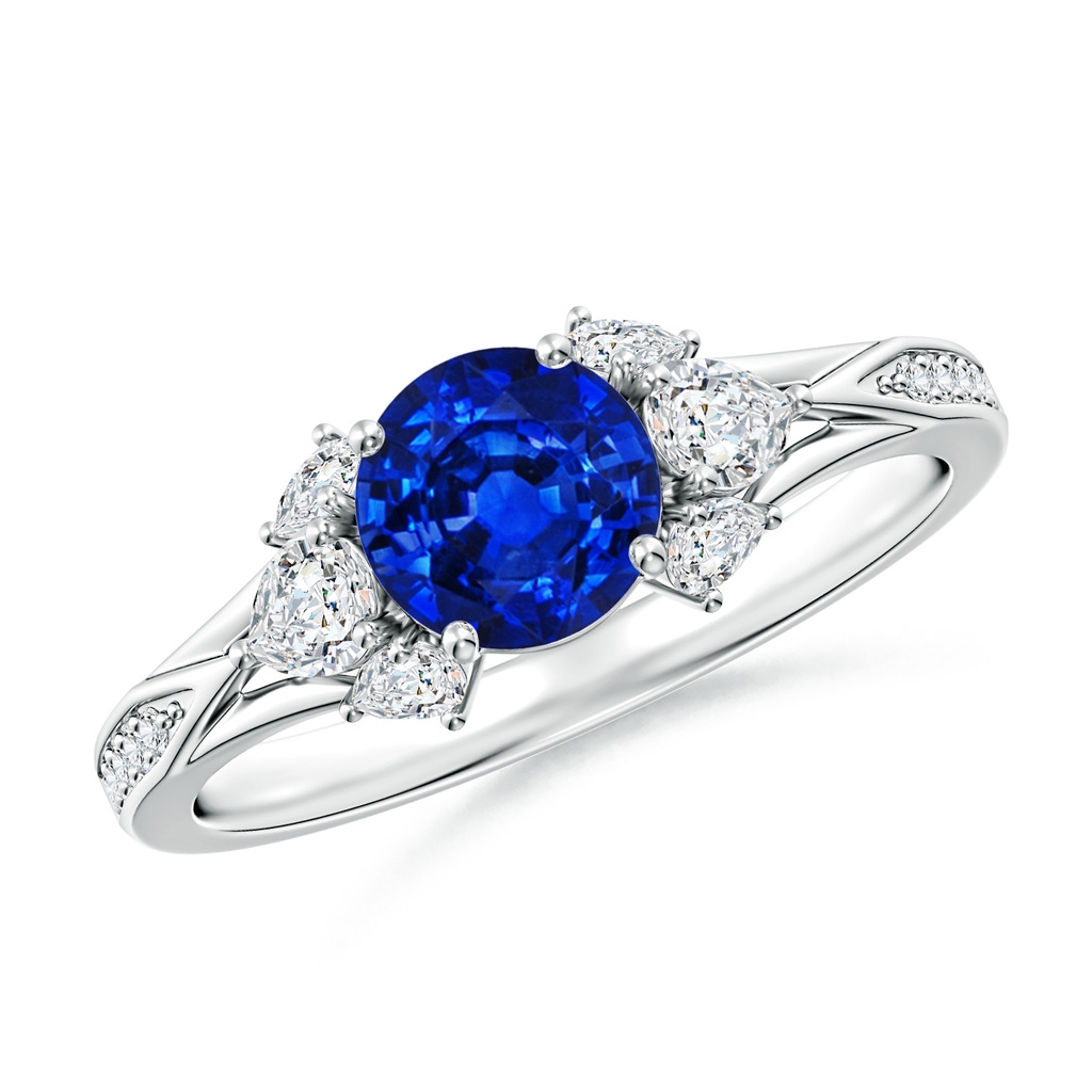 6mm Lab-Grown Round Blue Sapphire Engagement Ring with Pear Diamonds in P950 Platinum