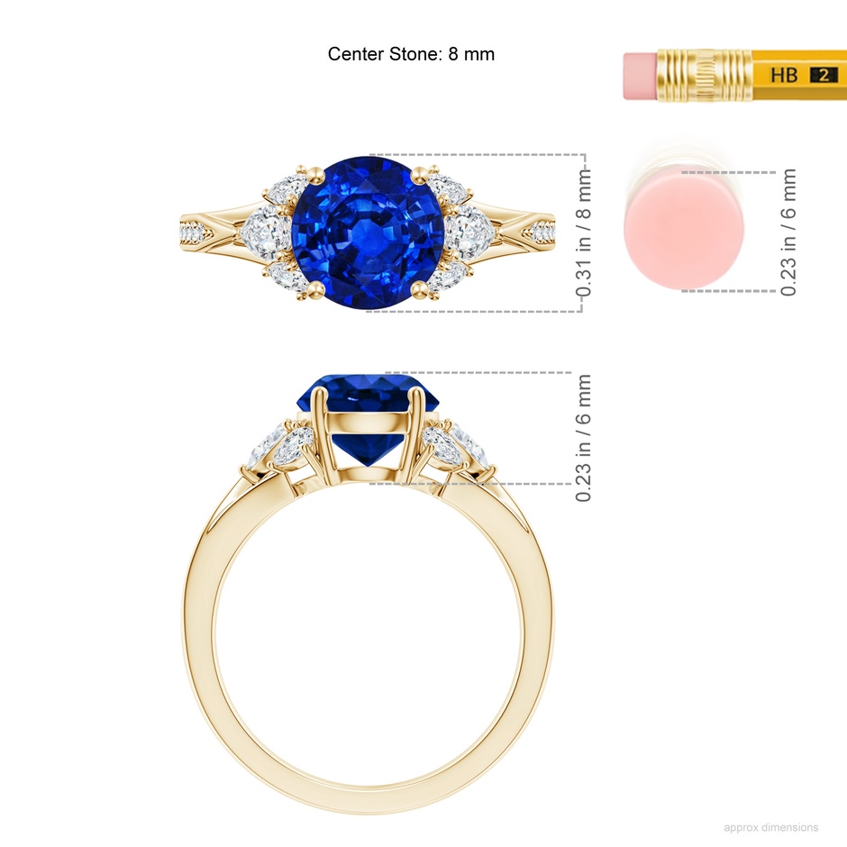 8mm Lab-Grown Round Blue Sapphire Engagement Ring with Pear Diamonds in 18K Yellow Gold ruler