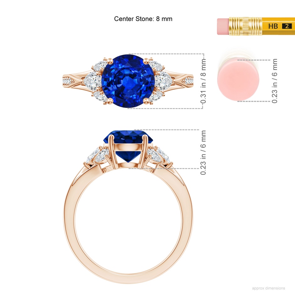 8mm Lab-Grown Round Blue Sapphire Engagement Ring with Pear Diamonds in Rose Gold ruler