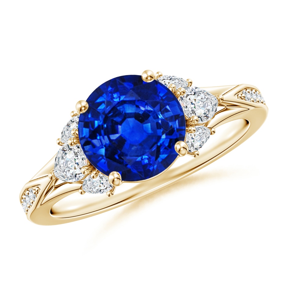 8mm Lab-Grown Round Blue Sapphire Engagement Ring with Pear Diamonds in Yellow Gold 