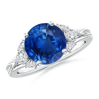 9mm AAA Round Blue Sapphire Engagement Ring with Pear Diamonds in P950 Platinum