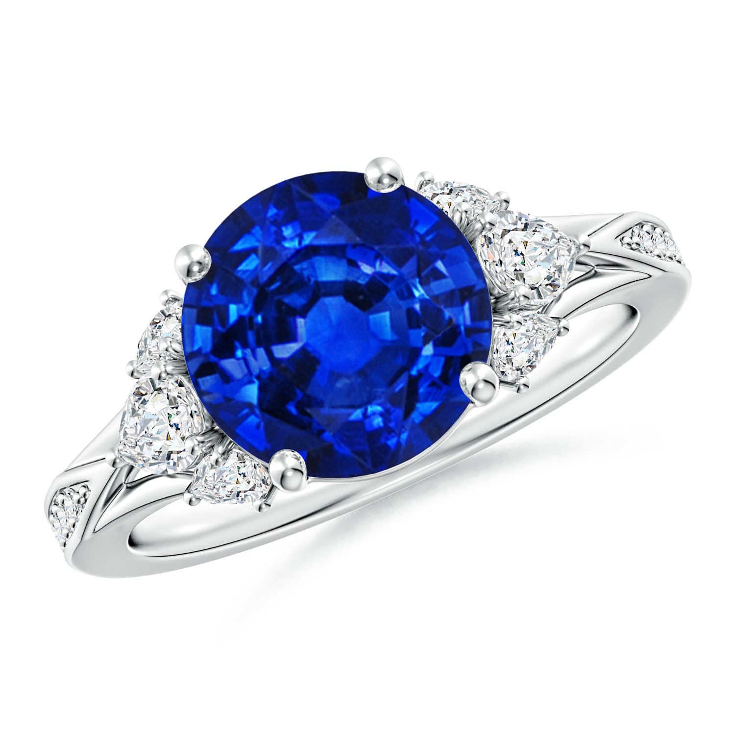 9mm AAAA Round Blue Sapphire Engagement Ring with Pear Diamonds in 18K White Gold