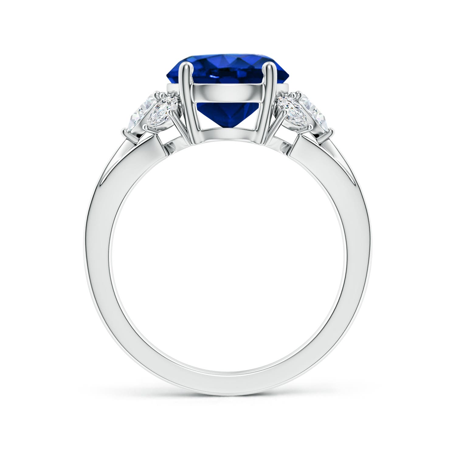 9mm AAAA Round Blue Sapphire Engagement Ring with Pear Diamonds in 18K White Gold