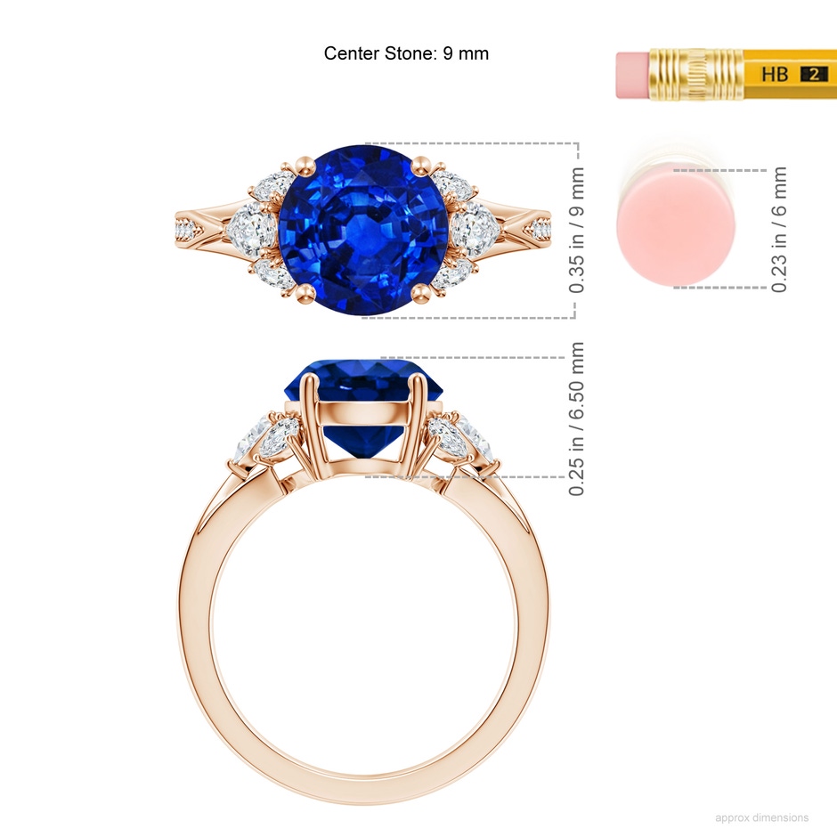 9mm Lab-Grown Round Blue Sapphire Engagement Ring with Pear Diamonds in Rose Gold ruler