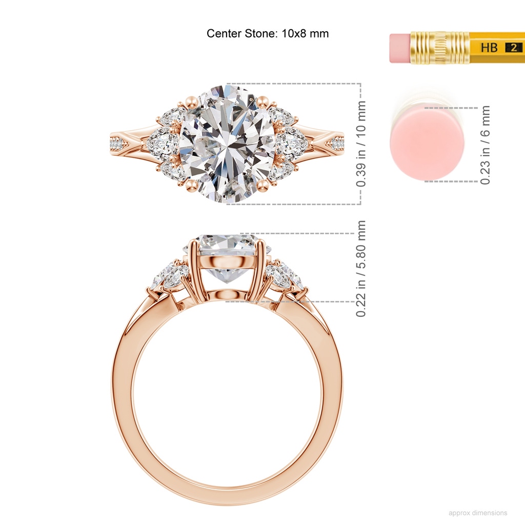 10x8mm IJI1I2 Oval Diamond Engagement Ring with Pear Accents in Rose Gold ruler