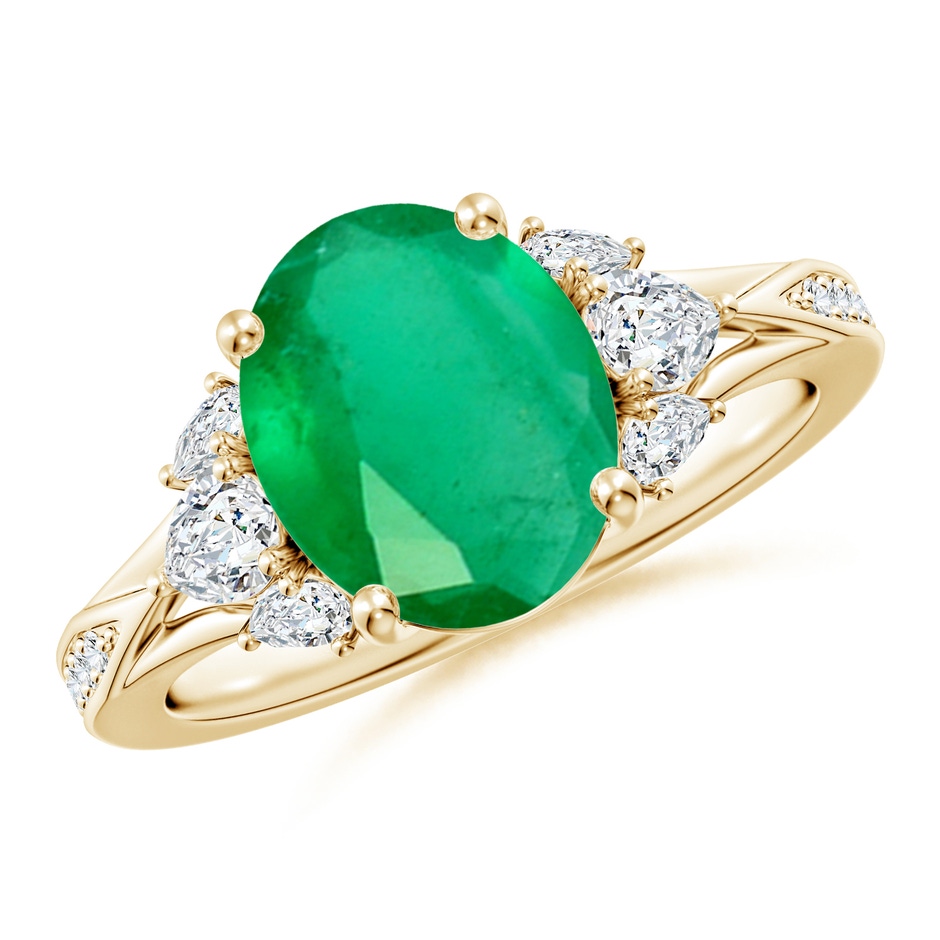 10x8mm A Oval Emerald Engagement Ring with Pear Diamonds in Yellow Gold 
