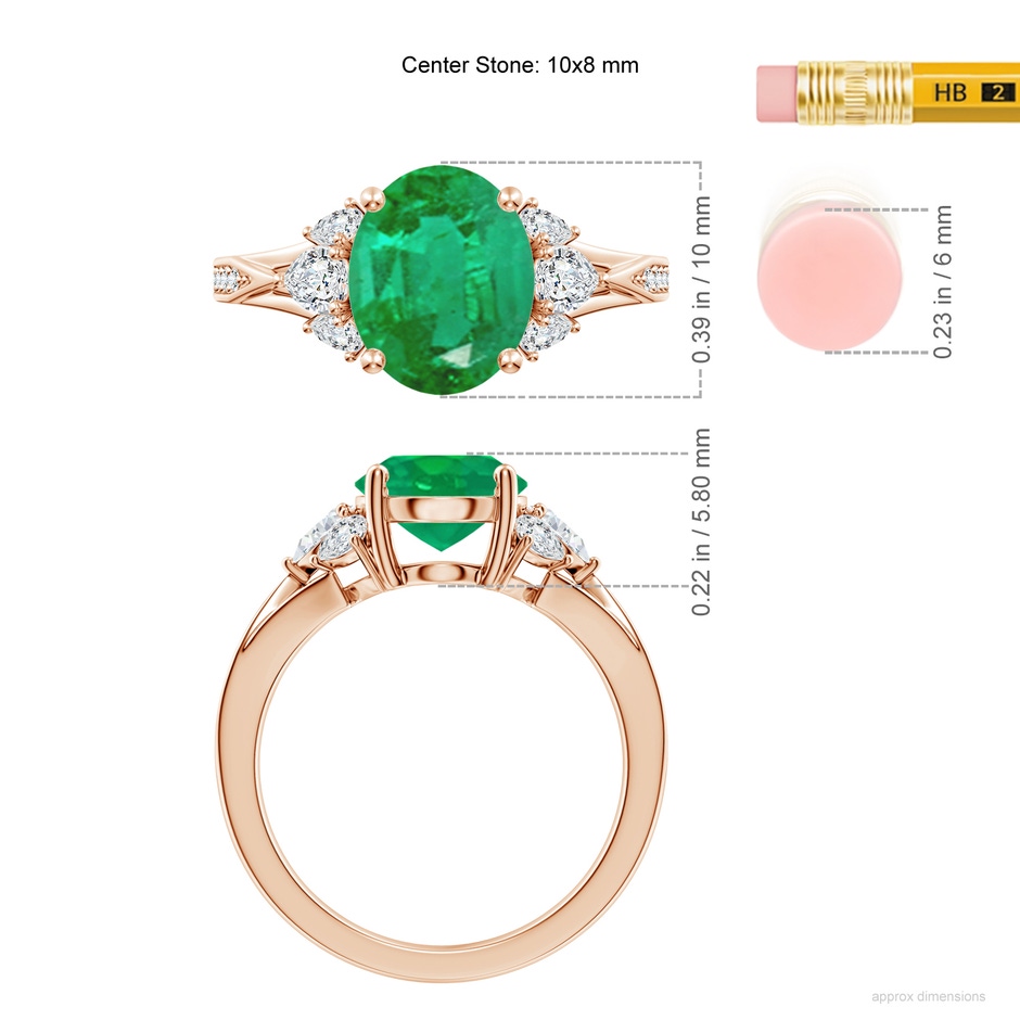 10x8mm AA Oval Emerald Engagement Ring with Pear Diamonds in Rose Gold ruler