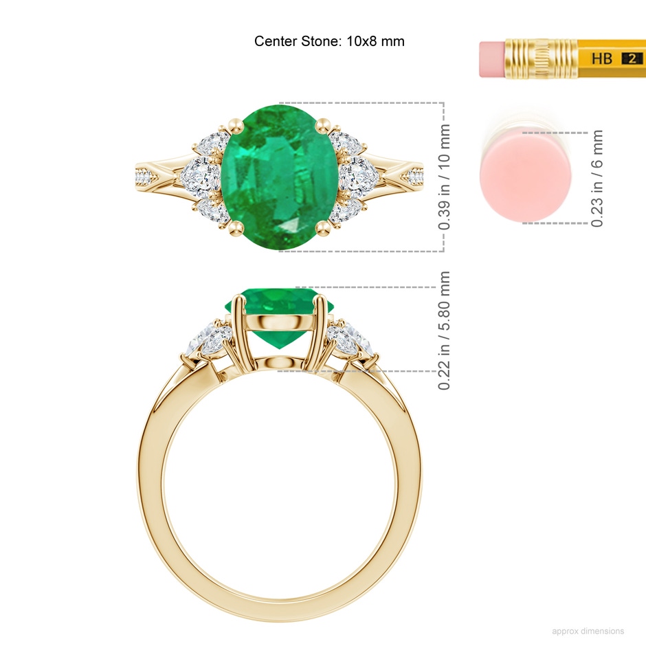 10x8mm AA Oval Emerald Engagement Ring with Pear Diamonds in Yellow Gold ruler