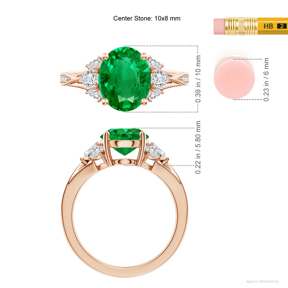 10x8mm AAA Oval Emerald Engagement Ring with Pear Diamonds in 18K Rose Gold ruler