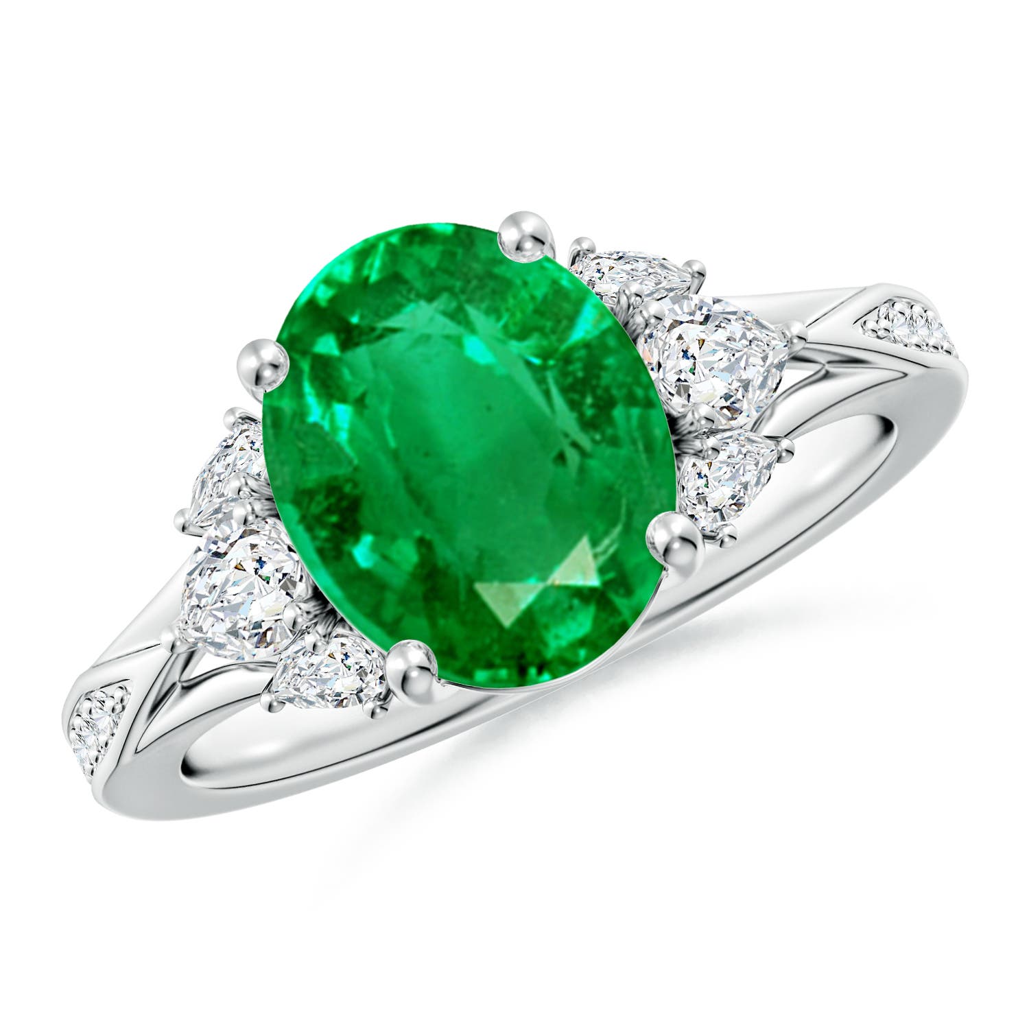 10x8mm AAA Oval Emerald Engagement Ring with Pear Diamonds in White Gold