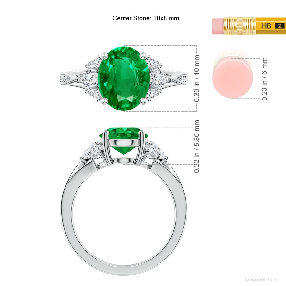 10x8mm AAA Oval Emerald Engagement Ring with Pear Diamonds in White Gold ruler