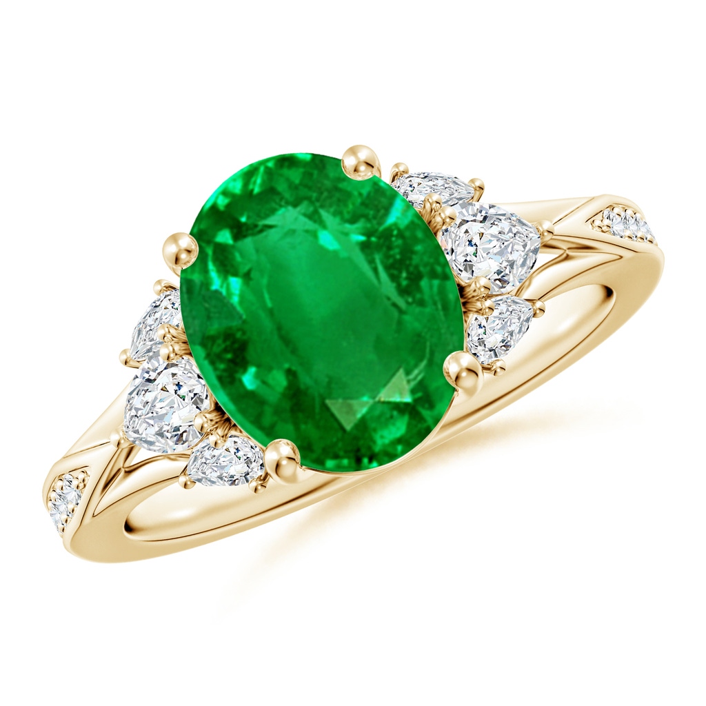 10x8mm AAAA Oval Emerald Engagement Ring with Pear Diamonds in Yellow Gold
