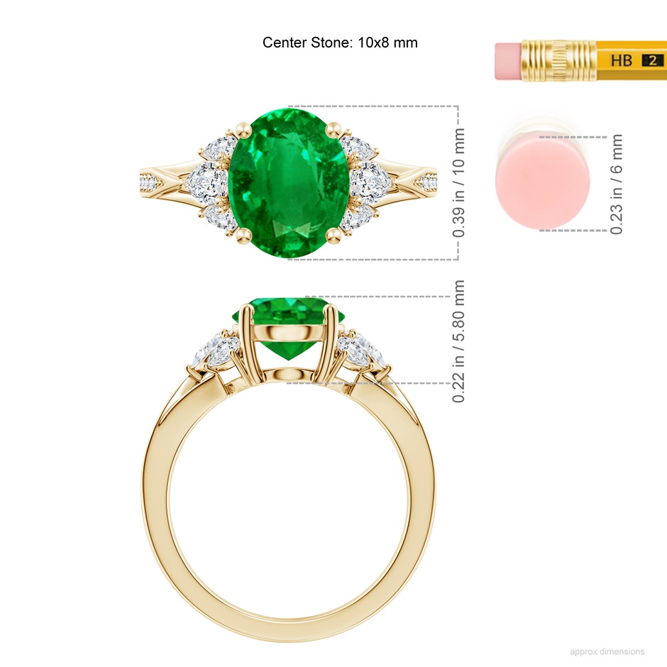 10x8mm AAAA Oval Emerald Engagement Ring with Pear Diamonds in Yellow Gold ruler