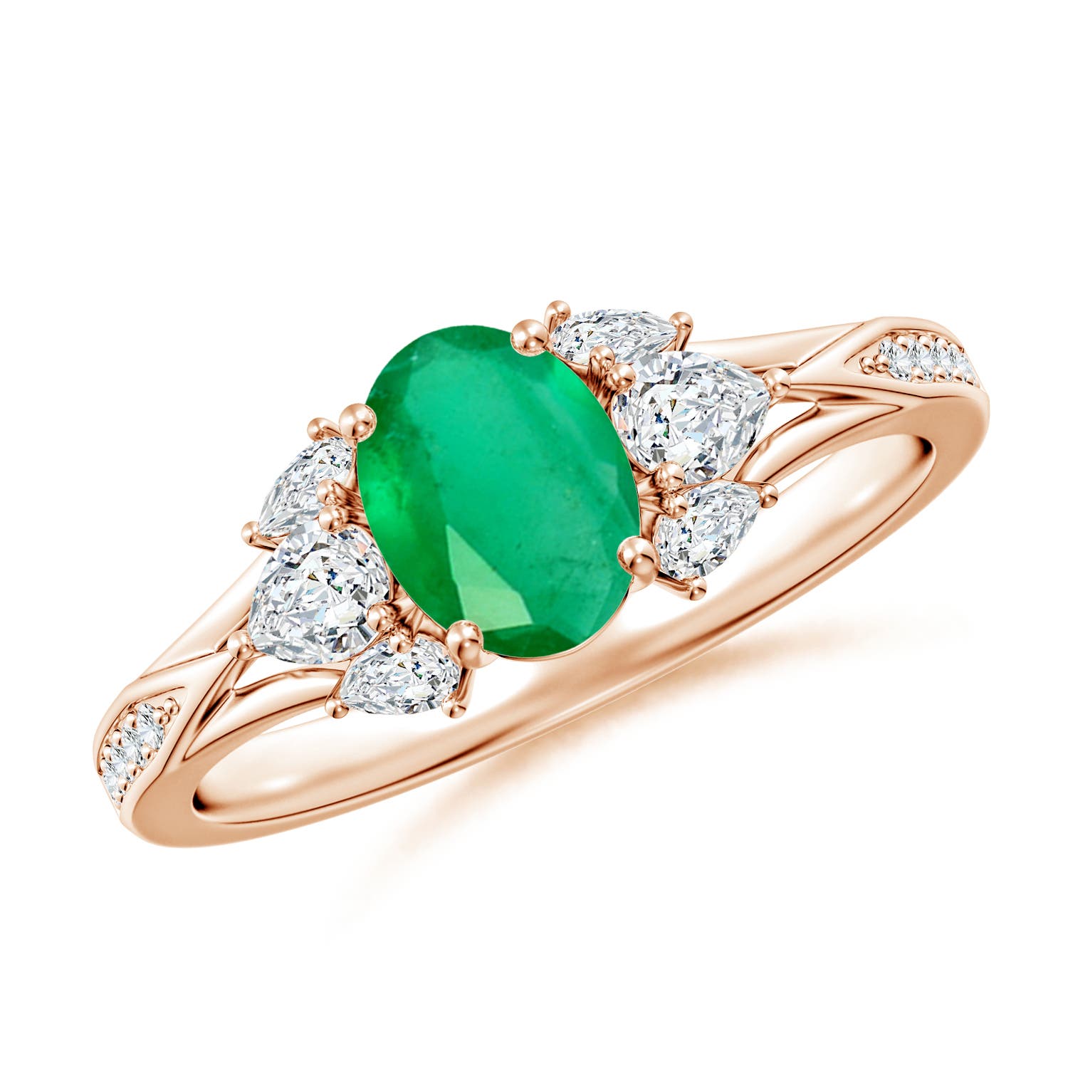 7x5mm A Oval Emerald Engagement Ring with Pear Diamonds in Rose Gold