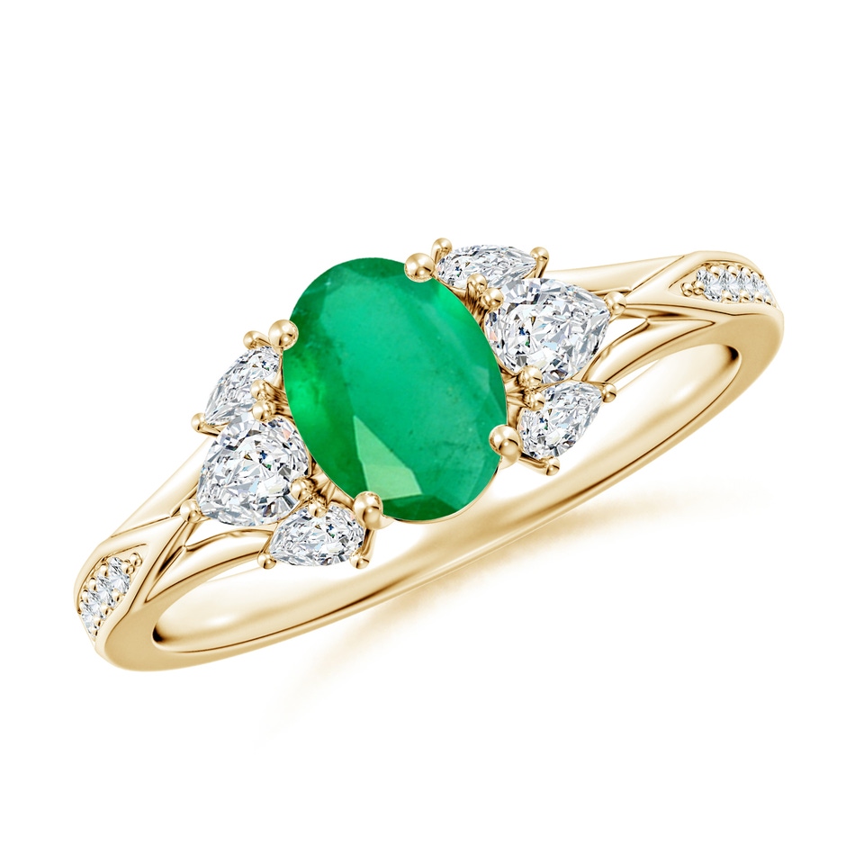 7x5mm A Oval Emerald Engagement Ring with Pear Diamonds in Yellow Gold 