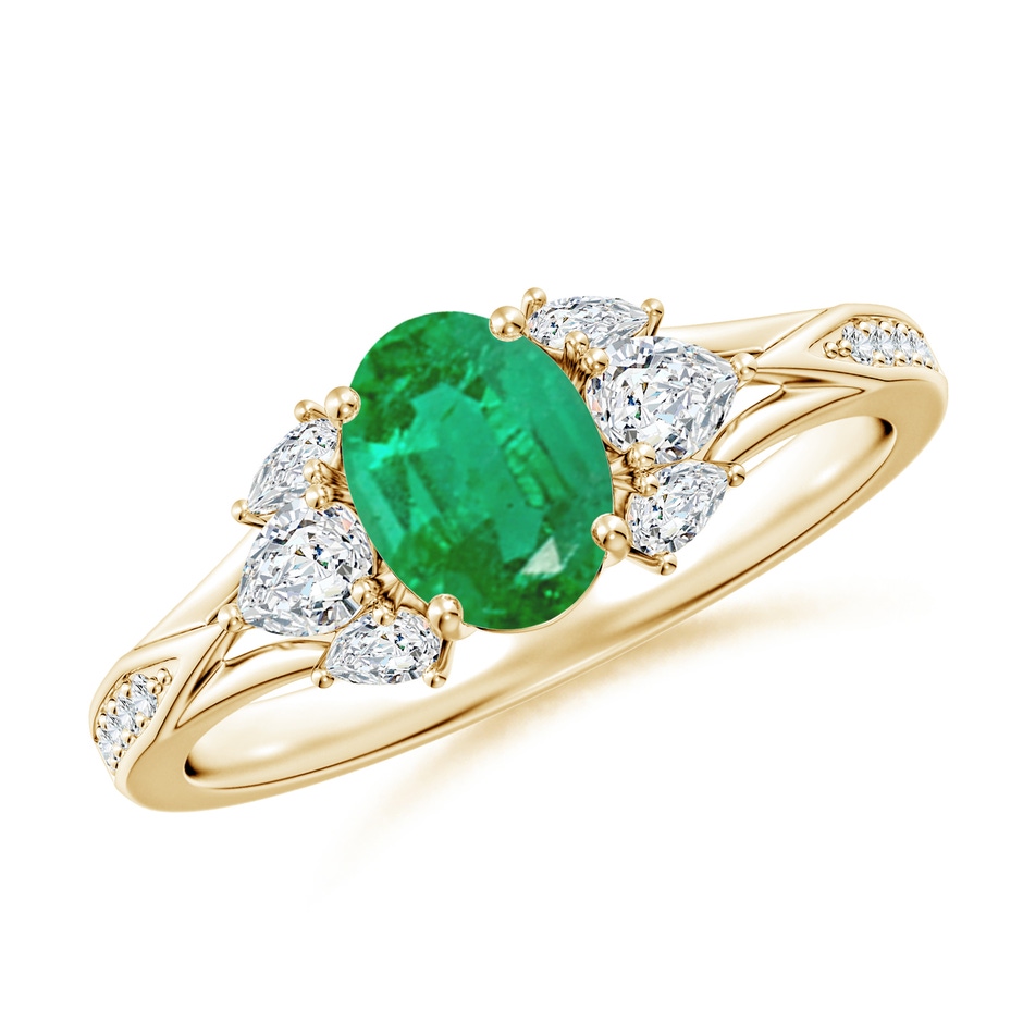 7x5mm AA Oval Emerald Engagement Ring with Pear Diamonds in Yellow Gold 